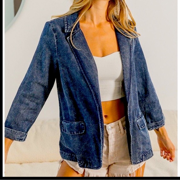 NEW TRENDY CHIC VINTAGE WASHED DENIM SINGLE BREASTED DENIM BLAZER - Picture 5 of 7
